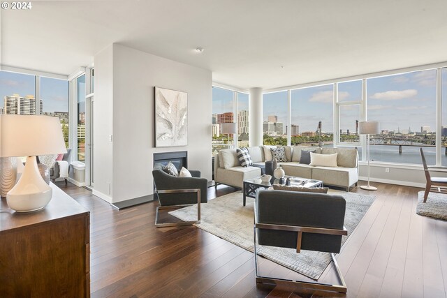 living room with expansive windows and dark hardwood / wood-style floors