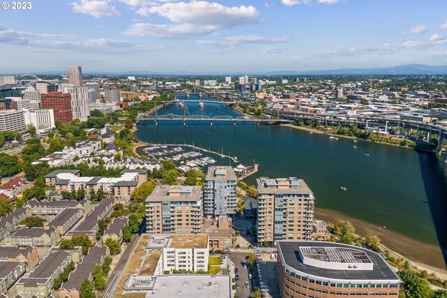 drone / aerial view with a water view