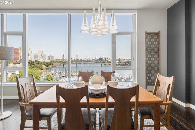 dining room featuring dark hardwood / wood-style flooring, a water view, and a chandelier