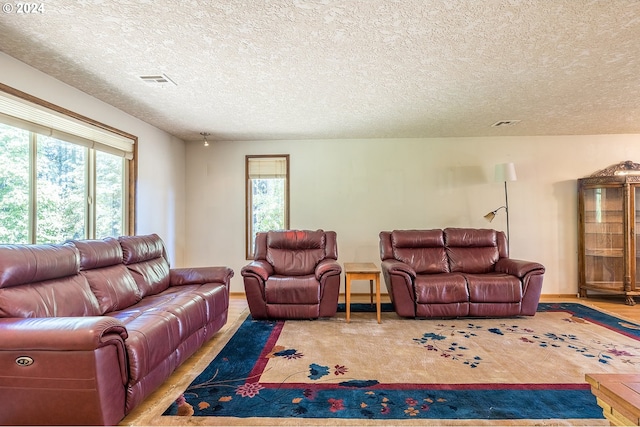 living room featuring carpet flooring, visible vents, a wealth of natural light, and a textured ceiling