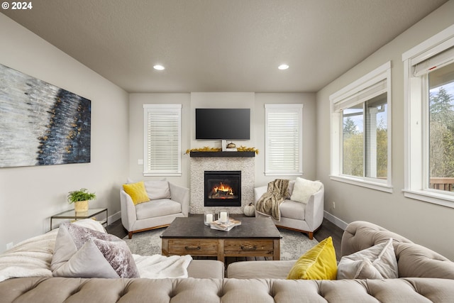 living room featuring hardwood / wood-style floors and a textured ceiling