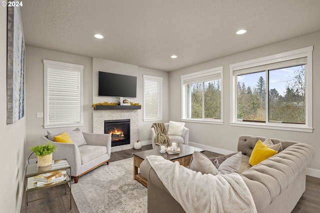 living room with dark hardwood / wood-style flooring and a healthy amount of sunlight