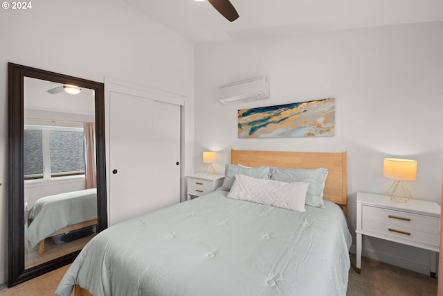 carpeted bedroom featuring ceiling fan, lofted ceiling, and an AC wall unit