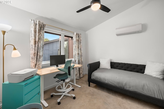 carpeted office featuring ceiling fan, lofted ceiling, and a wall mounted AC