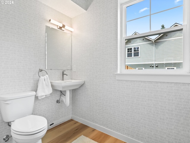 half bathroom with toilet, a sink, tile walls, and wood finished floors