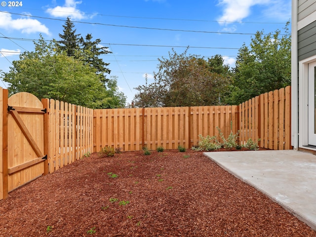 view of yard featuring a patio area, a fenced backyard, and a gate