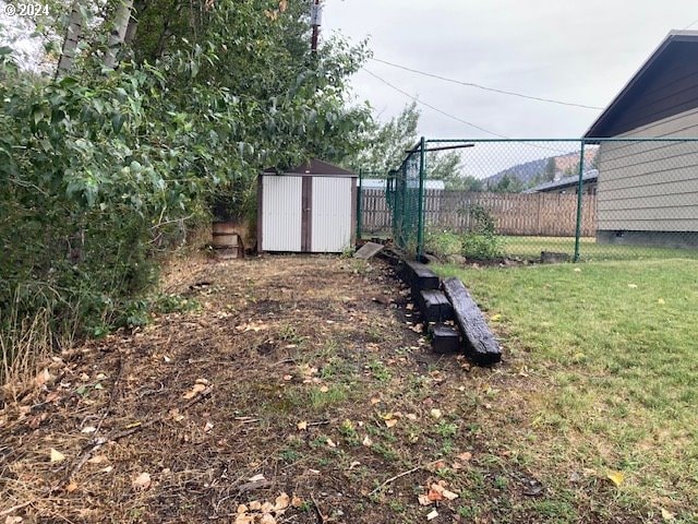 view of yard featuring a storage unit