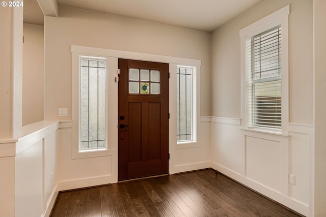 entryway with dark wood-type flooring and a healthy amount of sunlight