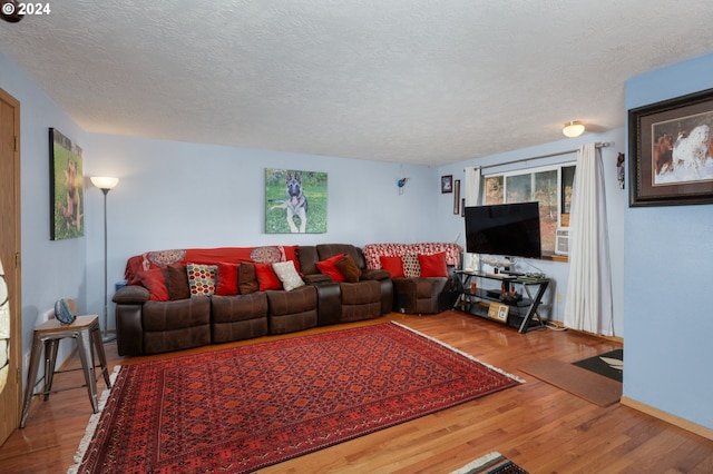 living room featuring hardwood / wood-style floors and a textured ceiling