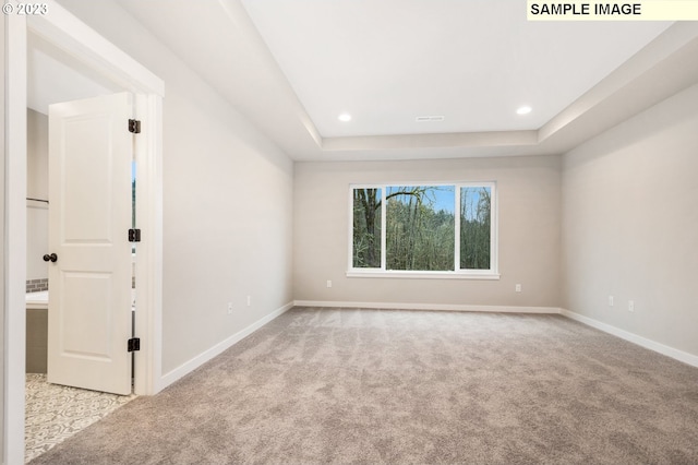 carpeted spare room featuring a tray ceiling