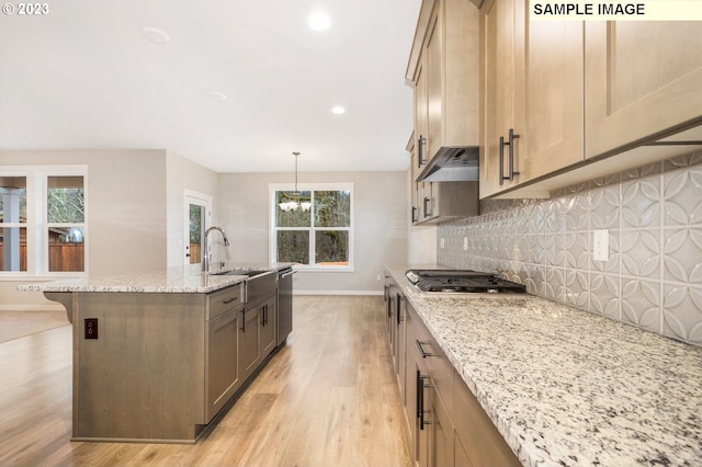 kitchen featuring light stone countertops, appliances with stainless steel finishes, sink, and light wood-type flooring