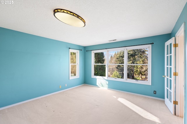 unfurnished room with light colored carpet and a textured ceiling