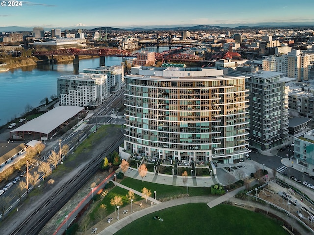 drone / aerial view with a water view