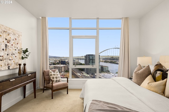 carpeted bedroom featuring a water view