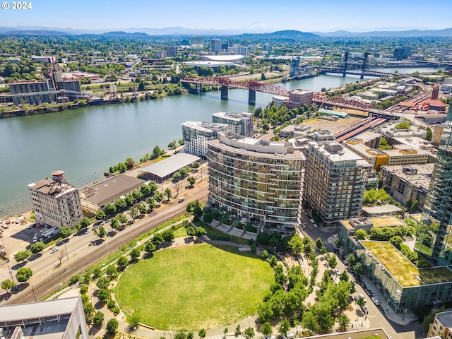 bird's eye view featuring a water and mountain view