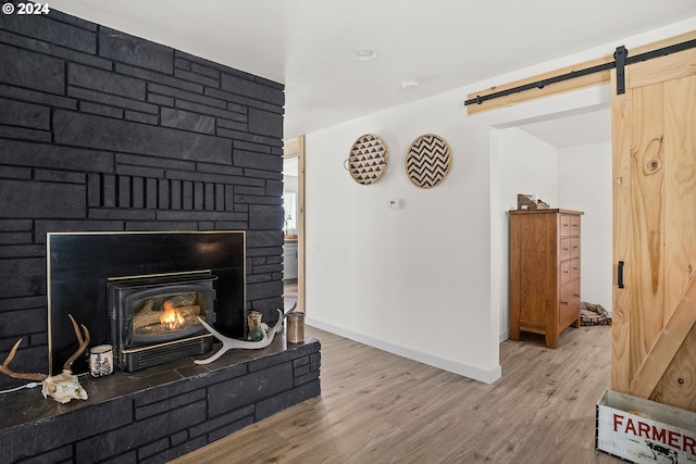 interior details featuring a barn door and wood-type flooring