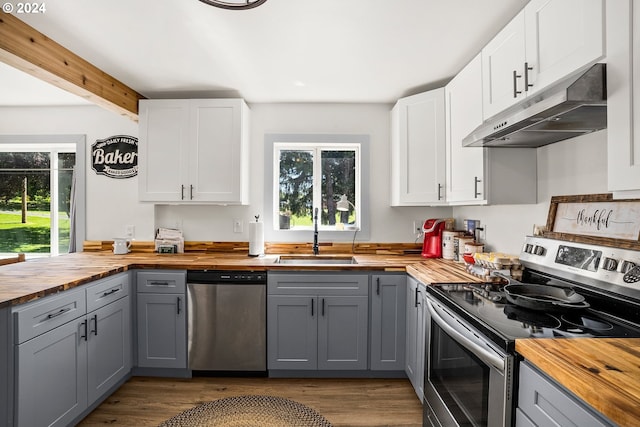 kitchen featuring appliances with stainless steel finishes, sink, gray cabinets, plenty of natural light, and butcher block counters