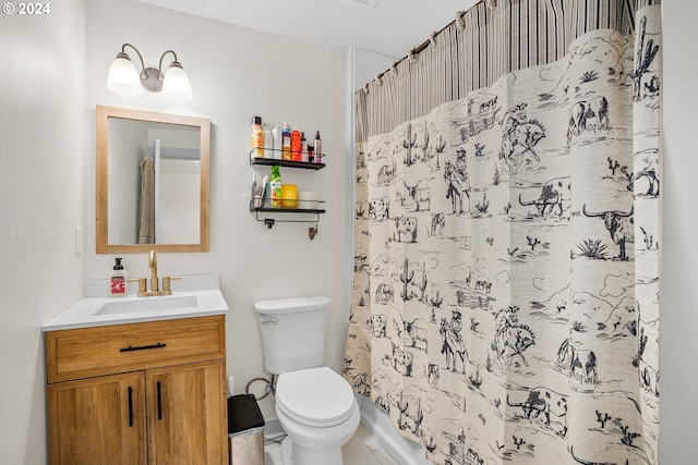 bathroom featuring walk in shower, tile patterned floors, vanity, and toilet