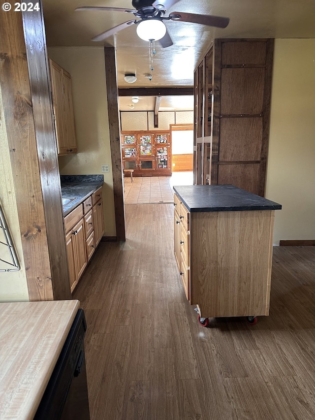 kitchen with ceiling fan, a center island, and dark hardwood / wood-style floors