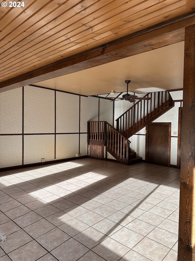 interior space with ceiling fan, beamed ceiling, and wood ceiling