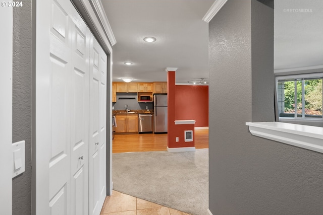 hall featuring light carpet, crown molding, and sink