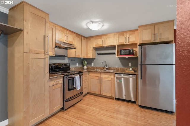 kitchen with light wood-type flooring, light brown cabinetry, and appliances with stainless steel finishes