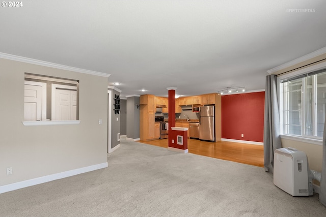 unfurnished living room with light carpet, crown molding, and sink