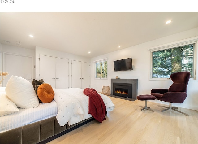 bedroom featuring light wood-type flooring and two closets