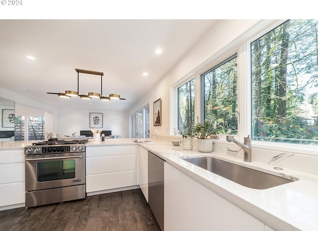 kitchen with sink, stainless steel appliances, dark hardwood / wood-style flooring, pendant lighting, and white cabinets