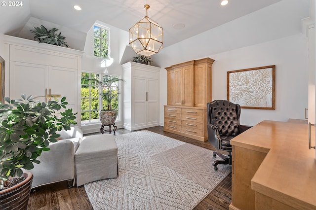 office area featuring high vaulted ceiling, a chandelier, and dark hardwood / wood-style floors