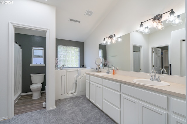 bathroom featuring hardwood / wood-style flooring, vanity, toilet, and vaulted ceiling