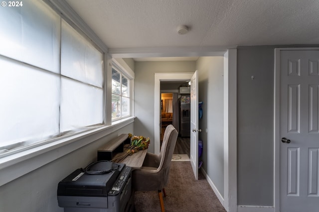 hall with carpet floors and a textured ceiling