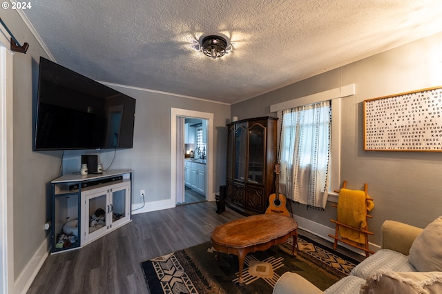 living room with dark hardwood / wood-style flooring and a textured ceiling