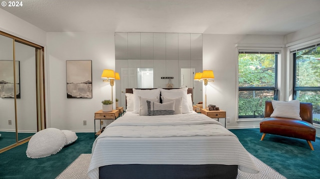 bedroom featuring a closet and dark colored carpet