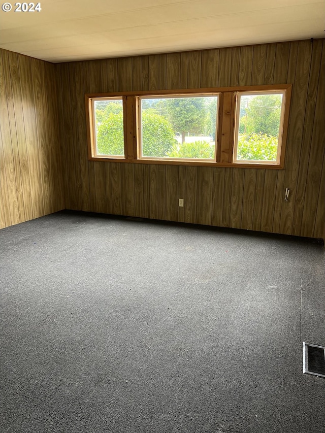 unfurnished room featuring wood walls