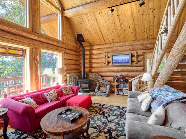 living room featuring wooden ceiling, a wood stove, wood-type flooring, rustic walls, and high vaulted ceiling