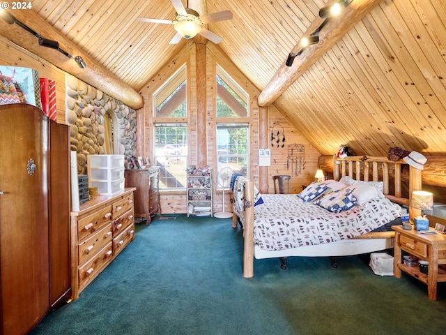 bedroom featuring wood ceiling, lofted ceiling, ceiling fan, and carpet flooring