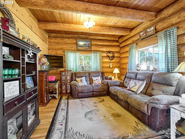 living room with wooden ceiling, beamed ceiling, log walls, and light hardwood / wood-style floors