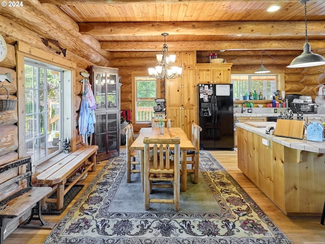 dining room with wood ceiling, light hardwood / wood-style flooring, a notable chandelier, and rustic walls