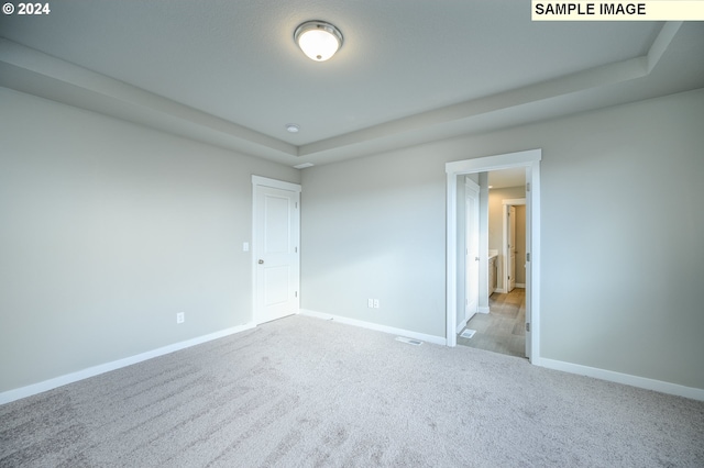 spare room with baseboards and light colored carpet