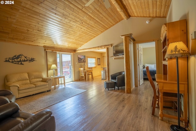 living room featuring vaulted ceiling with beams, light wood-type flooring, ceiling fan, and wood ceiling