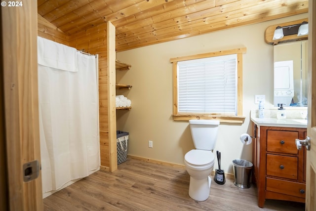 bathroom featuring wooden ceiling, hardwood / wood-style floors, vaulted ceiling, toilet, and vanity