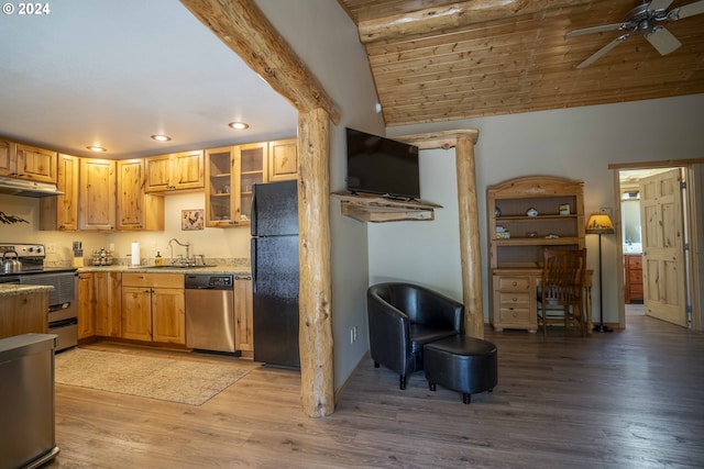 kitchen with lofted ceiling, sink, ceiling fan, light wood-type flooring, and appliances with stainless steel finishes