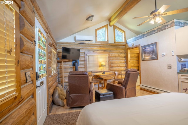 bedroom with baseboard heating, multiple windows, log walls, and lofted ceiling with beams