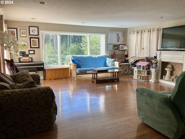 living room with a textured ceiling and wood finished floors