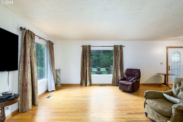 living area with light hardwood / wood-style floors and a textured ceiling