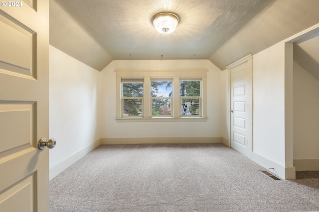 additional living space with a textured ceiling, vaulted ceiling, and light colored carpet