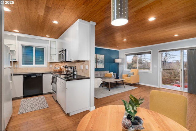 kitchen featuring open shelves, dark countertops, stainless steel appliances, light wood-style floors, and wood ceiling