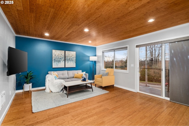 living area featuring crown molding, baseboards, recessed lighting, wooden ceiling, and wood finished floors