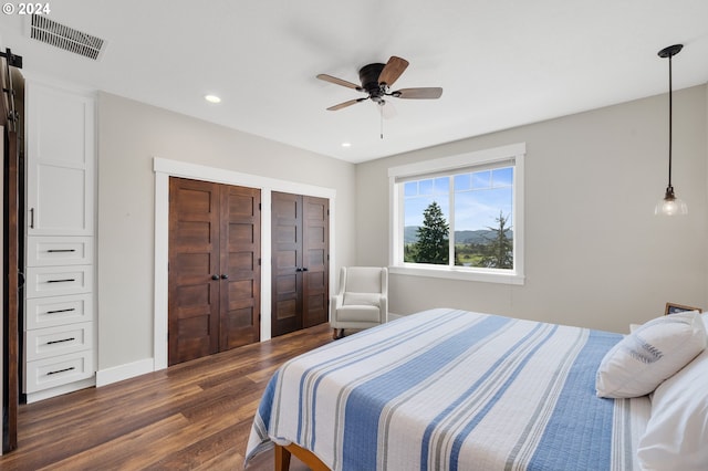 bedroom featuring ceiling fan, multiple closets, and dark hardwood / wood-style floors